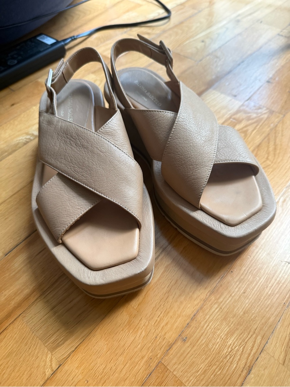 PALOMA BARCELO Nude Criss Cross Slingback Leather Wedge Sandals